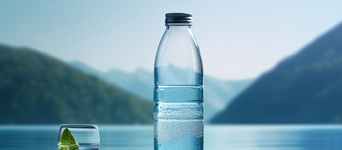 a water bottle and glass set on the blue background, in the style of photo-realistic landscapes, flat backgrounds